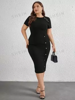 Priv Женское элегантное Облегающее платье больших размеров с короткими рукавами и металлическими пуговицами Shein, черный