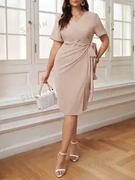 Priv Женское элегантное платье больших размеров с V-образным вырезом по бокам и короткими рукавами длиной до колена