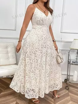 Priv Женское кружевное платье трапециевидного силуэта на тонких бретельках с подтянутой талией Shein, абрикосовый