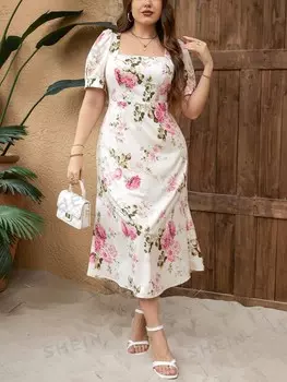 Priv Женское Летнее платье больших размеров с цветочным принтом и квадратным вырезом