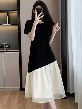 Priv Женское модное платье в стиле пэчворк с короткими рукавами и цветными блоками Shein, черный