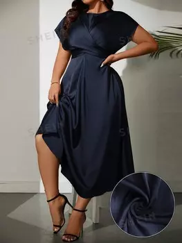 Priv Женское Однотонное платье больших размеров с короткими рукавами, Модное и элегантное Shein, темно-синий