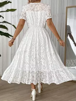 Priv Женское Однотонное платье больших размеров с кружевным декором, простая повседневная одежда Shein, белый