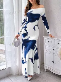 Priv Женское платье макси, с открытыми плечами, чернильный узор Shein, мультиколор