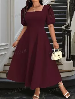Priv Женское повседневное платье больших размеров, квадратный вырез, короткие рукава Shein, белый/бордовый