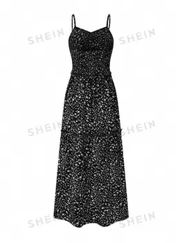 Priv Женское праздничное платье мини с цветочным принтом и завязкой на талии Shein, черно-белый