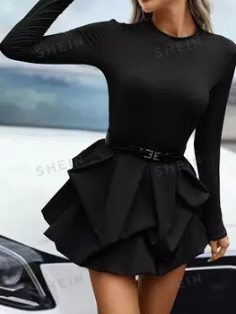 Priv Женское простое Однотонное повседневное платье с Длинными рукавами Shein, черный