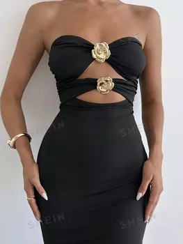 Priv Женское вечернее платье макси с ажурным вырезом и перекрещенным бюстом, подол «рыбий хвост» Shein, черный