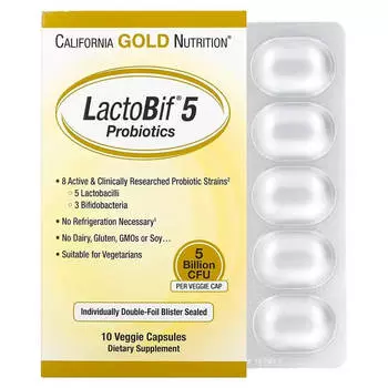 Пробиотики LactoBif California Gold Nutrition 5, 5 миллиардов КОЕ, 10 растительных капсул