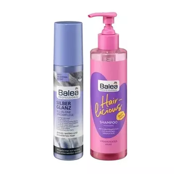 Профессиональный набор для ухода за волосами: спрей Silver Gloss Care для увлажнения, блеска и легкости расчесывания (150 мл) + шампунь для поврежденных волос (250 мл), Balea