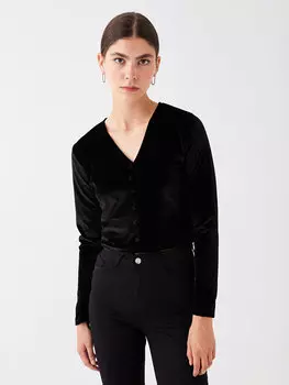 Простая бархатная женская блузка с V-образным вырезом и длинными рукавами LCW Casual