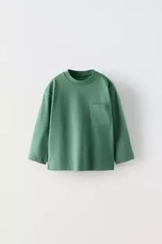 Простая футболка с карманом ZARA, зеленый