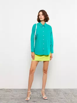 Простая хлопковая женская рубашка с застежкой спереди и длинными рукавами LCW Casual, изумруд