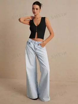 Простая однотонная женская майка без рукавов на лето, белая майка с V-образным вырезом и вырезом, бежевая майка с V-образным вырезом, свитер без воротника Poselle, черный