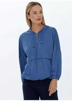 Простая синяя женская блузка с воротником с капюшоном Selen