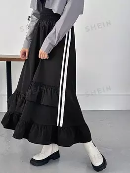 Простая юбка из ткани с принтом в полоску. Женская юбка-инопланетянин с рюшами Friful, черный