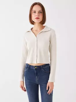 Простая укороченная женская блузка с воротником поло и длинными рукавами LCW Casual, бежевый меланж