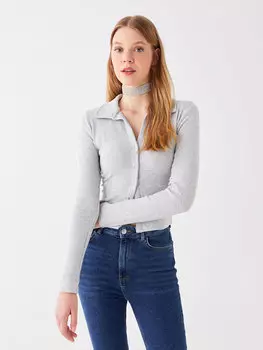 Простая укороченная женская блузка с воротником поло и длинными рукавами LCW Casual, серый меланж