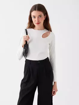 Простая женская блузка с круглым вырезом и длинными рукавами LCW Casual, экрю