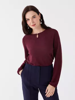 Простая женская блузка с круглым вырезом и длинными рукавами LCW Grace, бургундский меланж