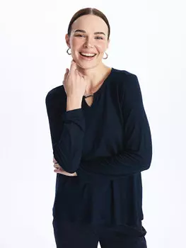 Простая женская блузка с круглым вырезом и длинными рукавами LCW Grace, темно-синий