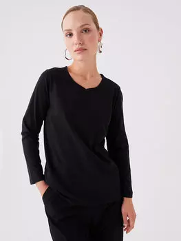 Простая женская блузка с V-образным вырезом и длинными рукавами LCW ECO, новый черный