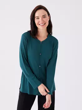Простая женская блузка с V-образным вырезом и длинными рукавами LCW Grace, темно-зеленый