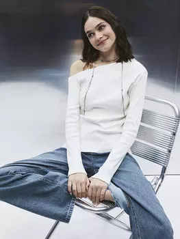 Простая женская футболка с длинным рукавом на одно плечо 14-18, кремового цвета