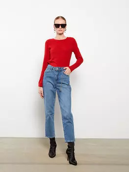 Простая женская футболка с круглым вырезом и длинными рукавами LCWAIKIKI Basic, красный меланж