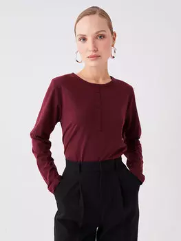 Простая женская футболка с круглым вырезом и длинными рукавами LCW ECO, слива