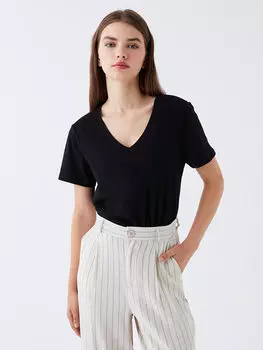 Простая женская футболка с V-образным вырезом и коротким рукавом LCW Casual, новый черный