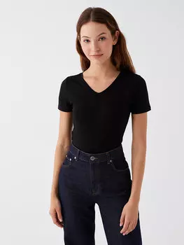 Простая женская футболка с V-образным вырезом и коротким рукавом LCWAIKIKI Classic, новый черный