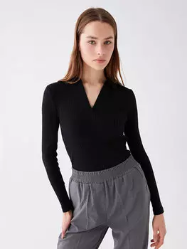 Простая женская футболка с воротником поло и длинными рукавами LCW Casual, новый черный