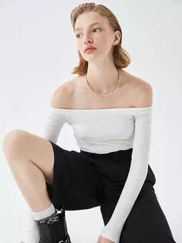 Простая женская футболка с вырезом лодочкой и длинными рукавами LCW Casual, экрю