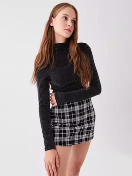 Простая женская футболка с высоким воротником и длинными рукавами LCW Casual, черный