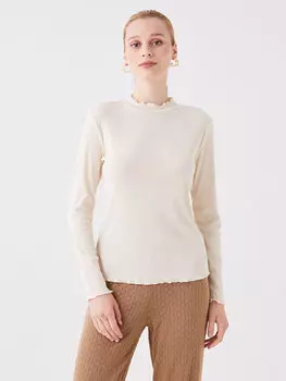 Простая женская футболка с высоким воротником и длинными рукавами LCW Modest, кремового цвета