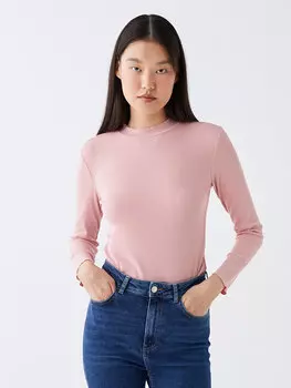 Простая женская футболка с высоким воротником и длинными рукавами LCW Modest, матовый розовый