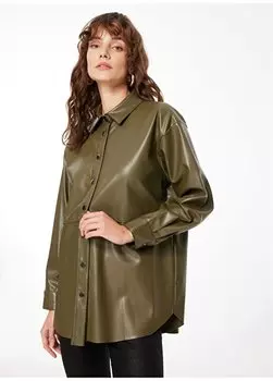 Простая женская рубашка цвета хаки с широким воротником F3WL-GML12 Fabrika, хаки