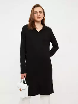 Простая женская трикотажная туника с воротником-поло и длинными рукавами LCWAIKIKI Classic, новый черный