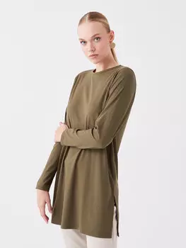 Простая женская туника с круглым вырезом и длинными рукавами LCWAIKIKI Classic, хаки
