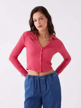 Простая женская укороченная рубашка с длинным рукавом LCW Casual, средний розовый