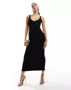 Простое черное платье миди с вырезом в стиле 90-х ASOS