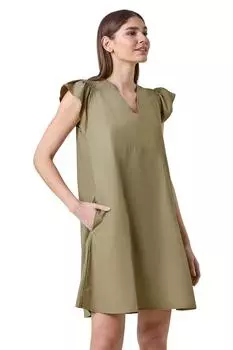 Простое хлопковое платье с карманами и оборками на рукавах Roman, коричневый