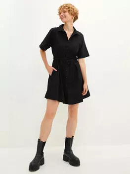 Простое хлопковое женское платье с рубашечным воротником и короткими рукавами LCW Casual