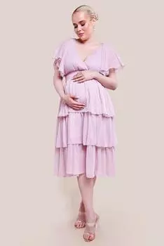 Простое многоярусное шифоновое платье миди с люрексом для беременных Goddiva, розовый