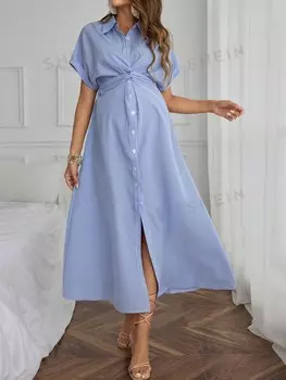 Простое повседневное платье в полоску и с принтом с короткими рукавами для беременных Shein, синий/белый