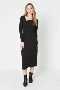 Простое трикотажное платье с асимметричным вырезом и длинными рукавами Oasis, черный