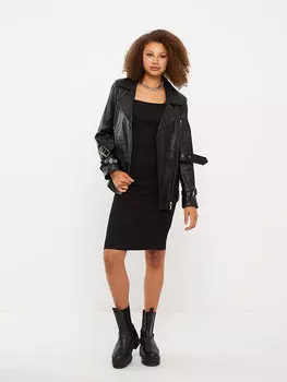 Простое женское кожаное пальто с байкерским воротником и длинными рукавами LCW Casual, новый черный