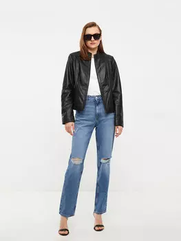 Простое женское кожаное пальто с высоким воротником и длинными рукавами LCW Casual, новый черный