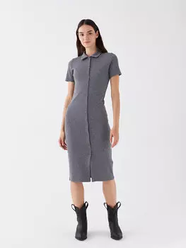 Простое женское облегающее платье с коротким рукавом и воротником-рубашкой LCW Casual